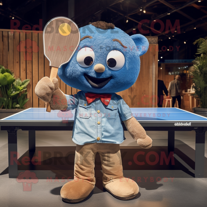 Tan Ping Pong Table mascot costume character dressed with a Denim Shirt and Bow ties Tan Ping Pong Table mascot costume character dressed with a Denim Shirt and Bow ties