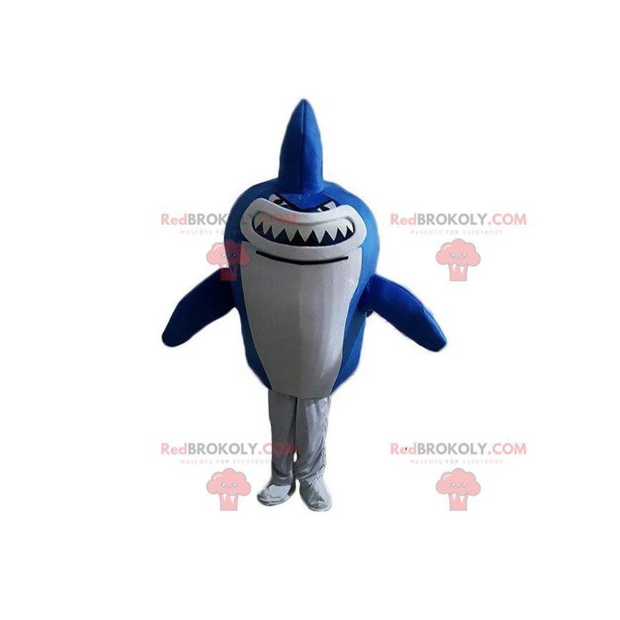 Mascote tubarão gigante azul e branco, fantasia de mar -