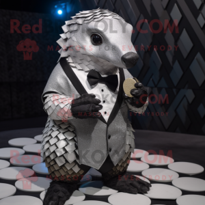 Silver Pangolin mascot costume character dressed with a Tuxedo and Mittens