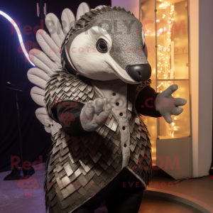 Silver Pangolin mascot costume character dressed with a Tuxedo and Mittens