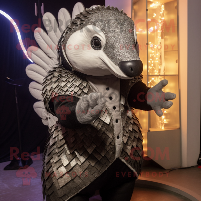Silver Pangolin mascot costume character dressed with a Tuxedo and Mittens Silver Pangolin mascot costume character dressed with a Tuxedo and Mittens