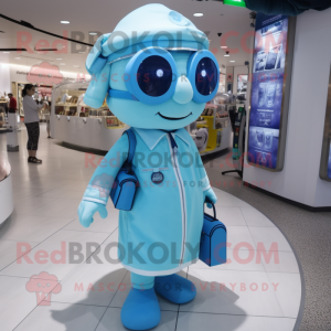 Cyan Doctor mascot costume character dressed with a Dress and Backpacks