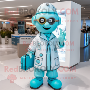 Cyan Doctor mascot costume character dressed with a Dress and Backpacks