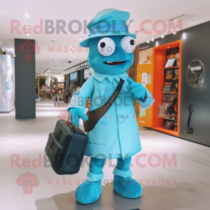 Cyan Doctor mascot costume character dressed with a Dress and Backpacks