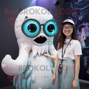 White Kraken mascot costume character dressed with a Mini Dress and Eyeglasses
