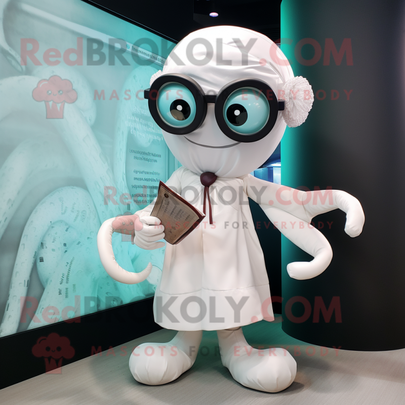 White Kraken mascot costume character dressed with a Mini Dress and Eyeglasses White Kraken mascot costume character dressed with a Mini Dress and Eyeglasses