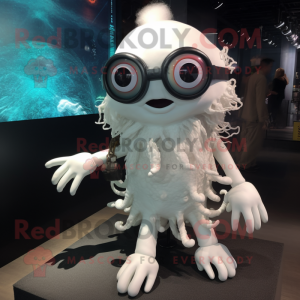 White Kraken mascot costume character dressed with a Mini Dress and Eyeglasses