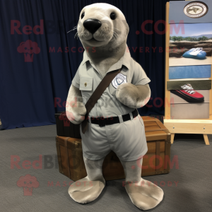 Silver Sea Lion mascot costume character dressed with a Cargo Shorts and Tie pins