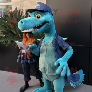 Turquoise Deinonychus mascot costume character dressed with a Midi Dress and Caps