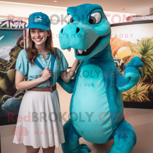 Turquoise Deinonychus mascot costume character dressed with a Midi Dress and Caps