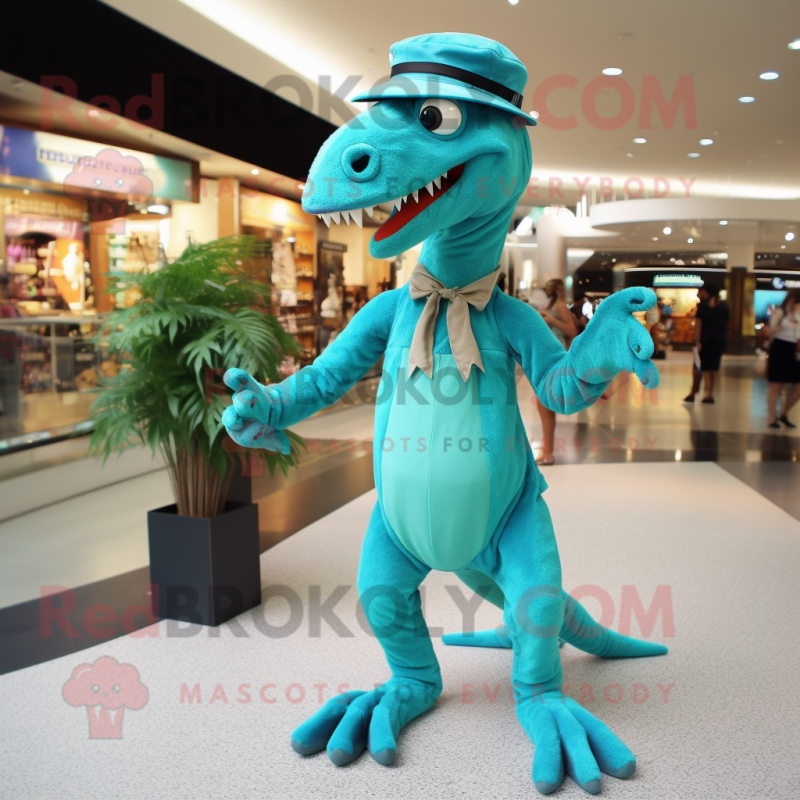 Turquoise Deinonychus mascot costume character dressed with a Midi Dress and Caps Turquoise Deinonychus mascot costume character dressed with a Midi Dress and Caps