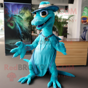 Turquoise Deinonychus mascot costume character dressed with a Midi Dress and Caps