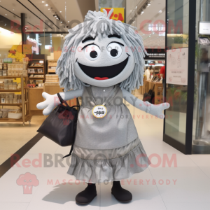 Gray Ramen mascot costume character dressed with a Maxi Skirt and Messenger bags