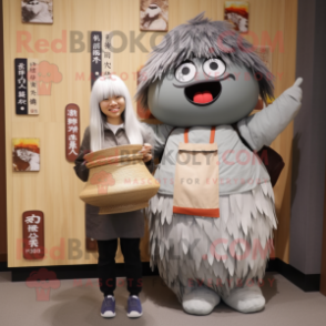 Gray Ramen mascot costume character dressed with a Maxi Skirt and Messenger bags