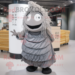 Gray Ramen mascot costume character dressed with a Maxi Skirt and Messenger bags