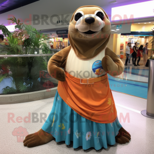 nan Sea Lion mascot costume character dressed with a Wrap Skirt and Shoe clips
