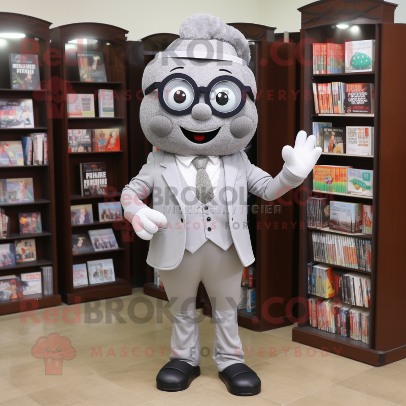 Gray Cherry mascot costume character dressed with a Suit Pants and Reading glasses Gray Cherry mascot costume character dressed with a Suit Pants and Reading glasses