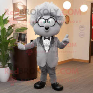 Gray Cherry mascot costume character dressed with a Suit Pants and Reading glasses