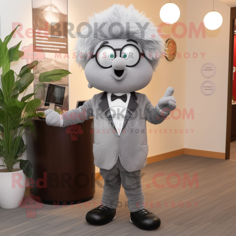 Gray Cherry mascot costume character dressed with a Suit Pants and Reading glasses Gray Cherry mascot costume character dressed with a Suit Pants and Reading glasses