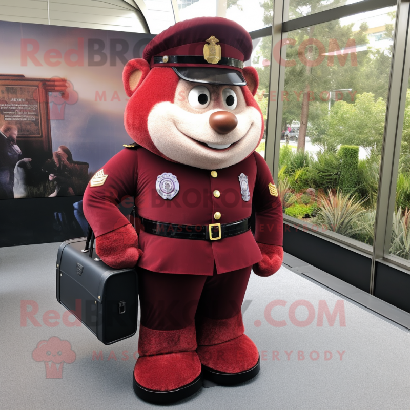 Maroon Police Officer mascot costume character dressed with a Empire Waist Dress and Briefcases