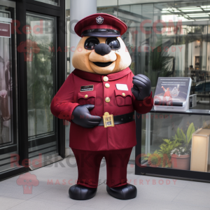 Maroon Police Officer mascot costume character dressed with a Empire Waist Dress and Briefcases