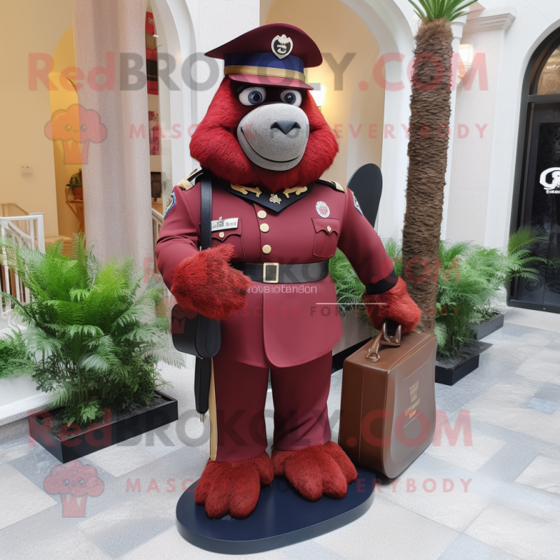 Maroon Police Officer mascot costume character dressed with a Empire Waist Dress and Briefcases