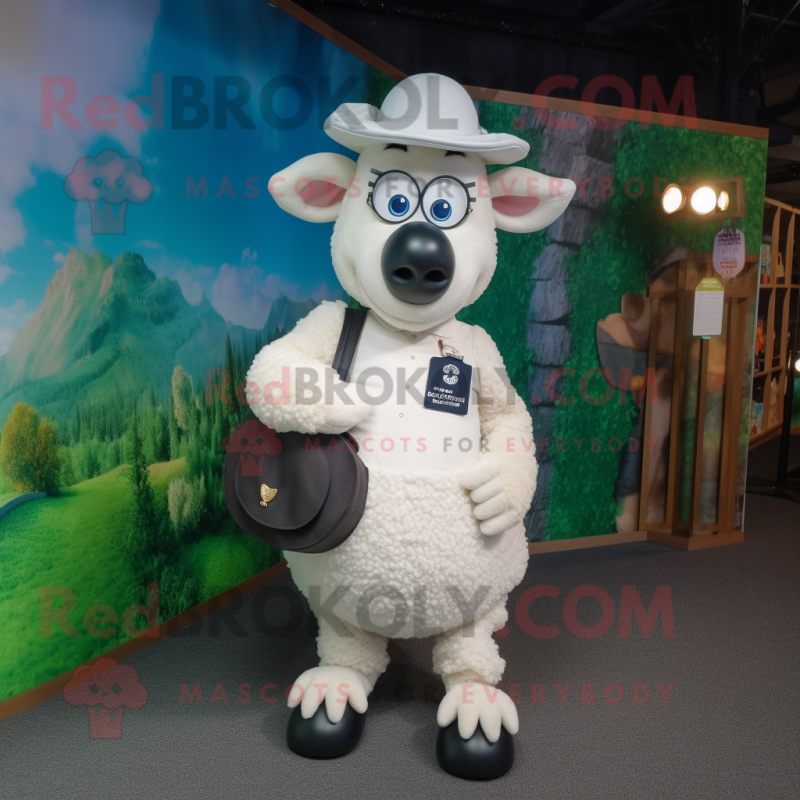 White Merino Sheep mascot costume character dressed with a Sheath Dress and Caps