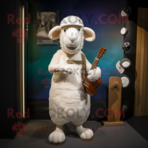 White Merino Sheep mascot costume character dressed with a Sheath Dress and Caps