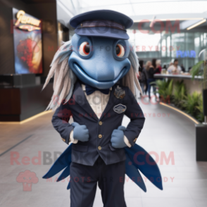 Navy Betta Fish mascot costume character dressed with a Blazer and Belts