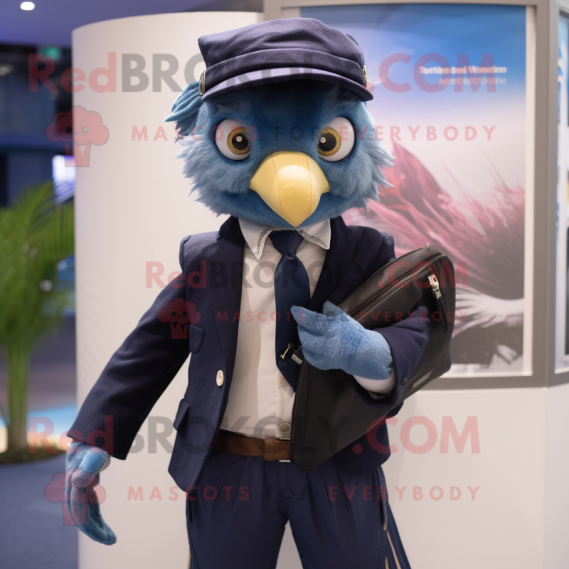 Navy Betta Fish mascot costume character dressed with a Blazer and Belts Navy Betta Fish mascot costume character dressed with a Blazer and Belts