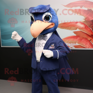 Navy Betta Fish mascot costume character dressed with a Blazer and Belts