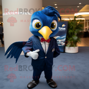 Navy Betta Fish mascot costume character dressed with a Blazer and Belts