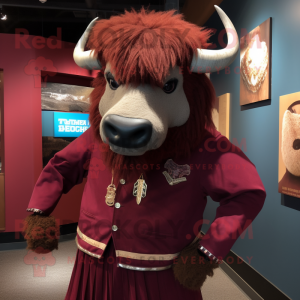 Maroon Buffalo mascot costume character dressed with a Suit and Shawl pins