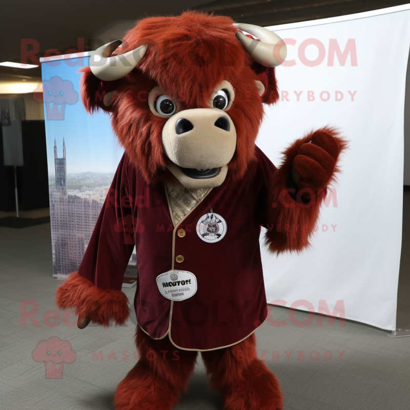 Maroon Buffalo mascot costume character dressed with a Suit and Shawl pins Maroon Buffalo mascot costume character dressed with a Suit and Shawl pins