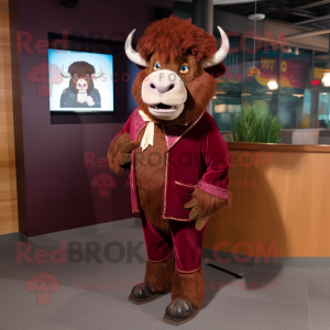 Maroon Buffalo mascot costume character dressed with a Suit and Shawl pins