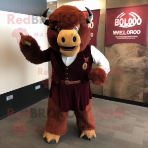 Maroon Buffalo mascot costume character dressed with a Suit and Shawl pins