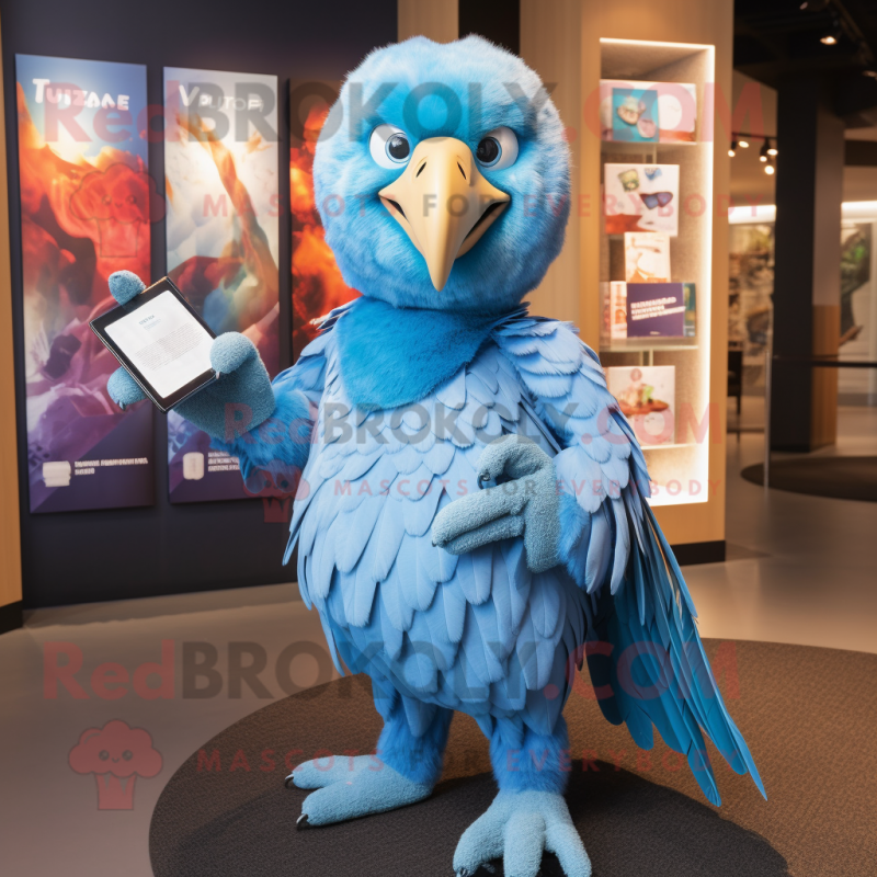 Sky Blue Vulture mascot costume character dressed with a V-Neck Tee and Wallets Sky Blue Vulture mascot costume character dressed with a V-Neck Tee and Wallets