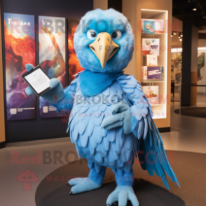 Sky Blue Vulture mascot costume character dressed with a V-Neck Tee and Wallets