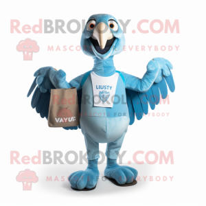 Sky Blue Vulture mascot costume character dressed with a V-Neck Tee and Wallets