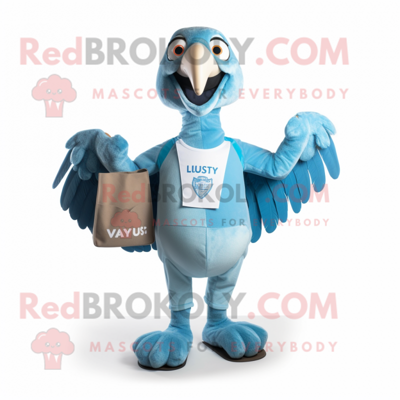 Sky Blue Vulture mascot costume character dressed with a V-Neck Tee and Wallets Sky Blue Vulture mascot costume character dressed with a V-Neck Tee and Wallets