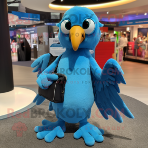 Sky Blue Vulture mascot costume character dressed with a V-Neck Tee and Wallets