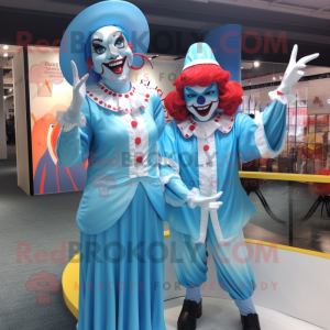 Sky Blue Evil Clown mascot costume character dressed with a Bikini and Berets