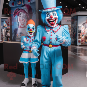 Sky Blue Evil Clown mascot costume character dressed with a Bikini and Berets