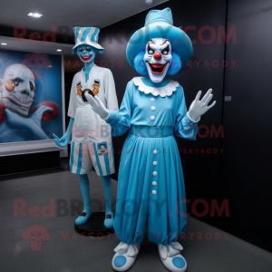Sky Blue Evil Clown mascot costume character dressed with a Bikini and Berets