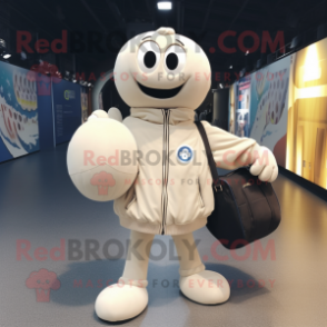 Cream Handball Ball mascot costume character dressed with a Bomber Jacket and Briefcases
