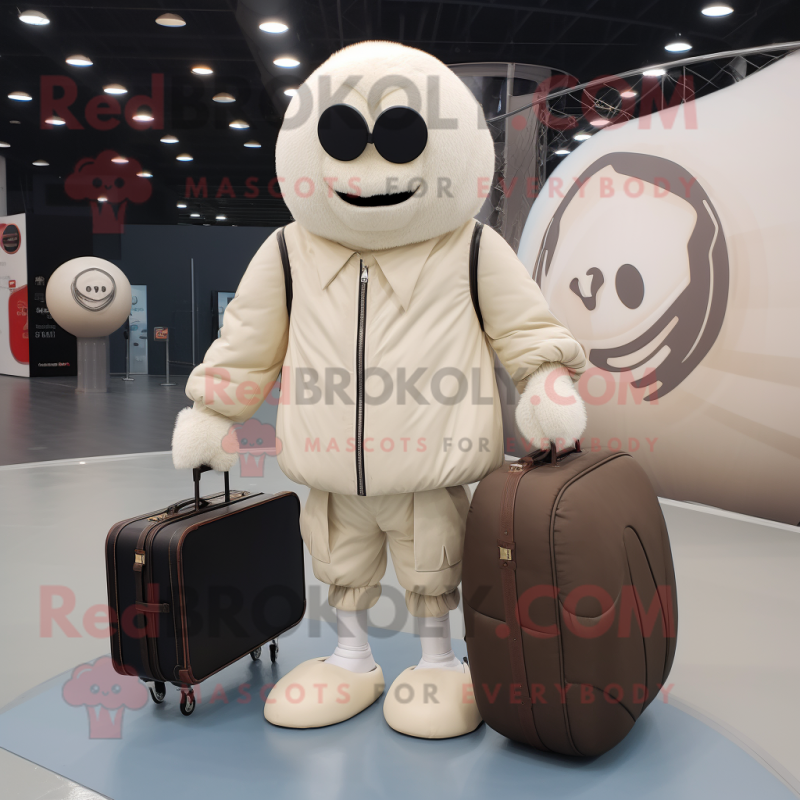 Cream Handball Ball mascot costume character dressed with a Bomber Jacket and Briefcases Cream Handball Ball mascot costume character dressed with a Bomber Jacket and Briefcases