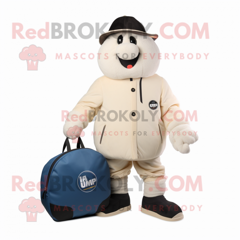 Cream Handball Ball mascot costume character dressed with a Bomber Jacket and Briefcases Cream Handball Ball mascot costume character dressed with a Bomber Jacket and Briefcases