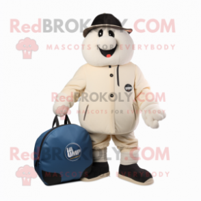 Cream Handball Ball mascot costume character dressed with a Bomber Jacket and Briefcases