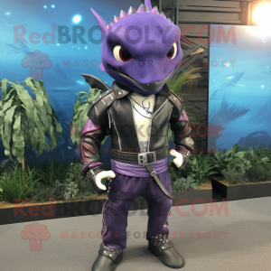 Purple Swordfish mascot costume character dressed with a Leather Jacket and Necklaces