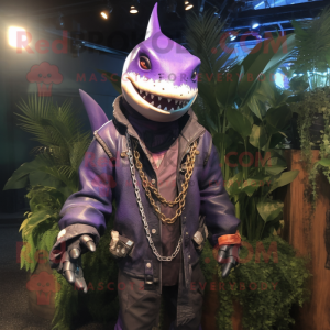 Purple Swordfish mascot costume character dressed with a Leather Jacket and Necklaces